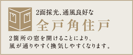 2面採光、通風良好な全戸角住戸